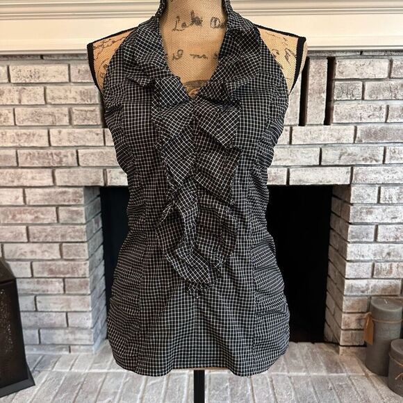 Express Y2K Ruffle Front Structured Plaid Blouse Size Small Black & White - Picture 1 of 12
